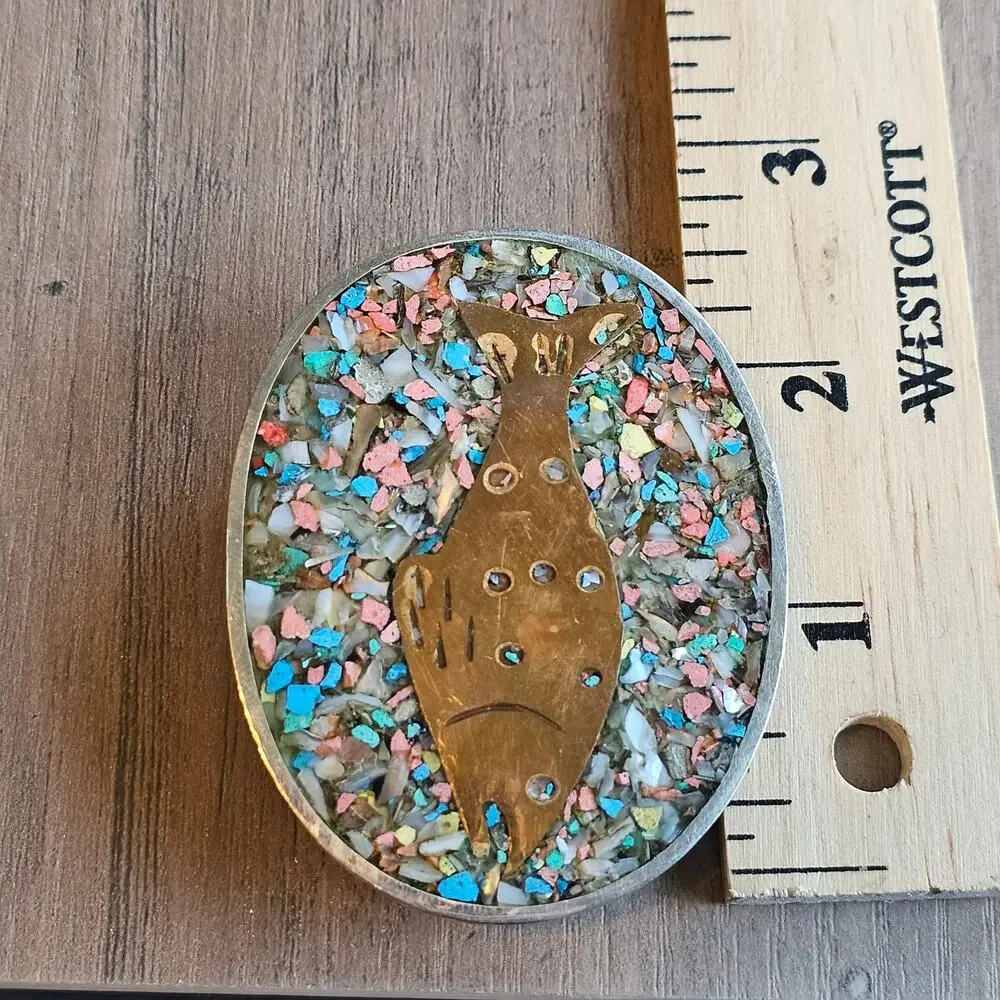 Vintage Alpaca Silver Fish Belt Buckle with Crushed Stone Inlay